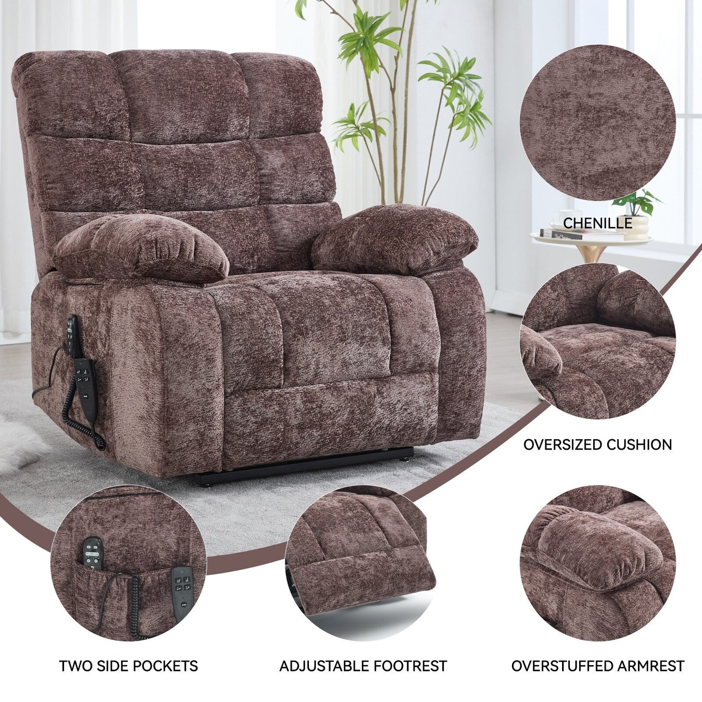 Poltrona reclinabile elettrica Chenille Dual Motor Infinite Position, poltrona reclinabile oversize con massaggio termico e telecomando elettrico