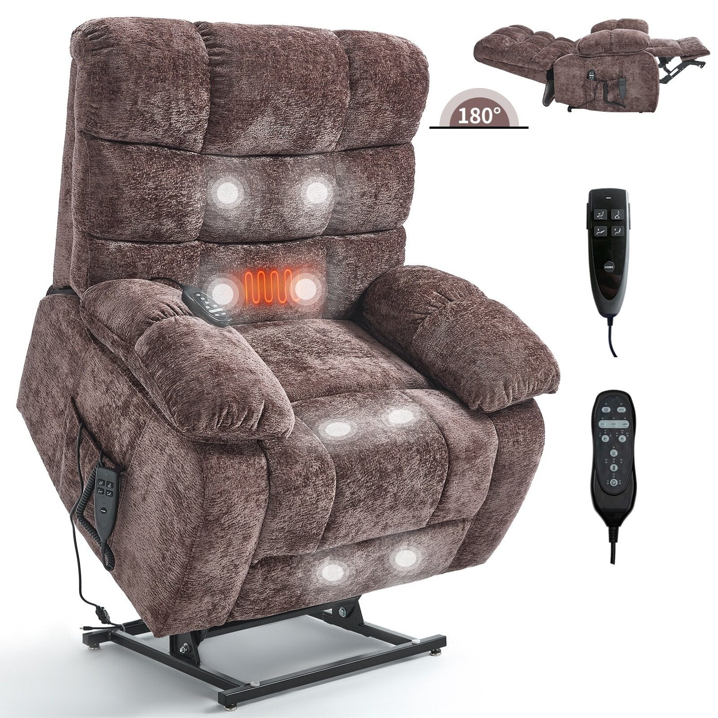 Poltrona reclinabile elettrica Chenille Dual Motor Infinite Position, poltrona reclinabile oversize con massaggio termico e telecomando elettrico