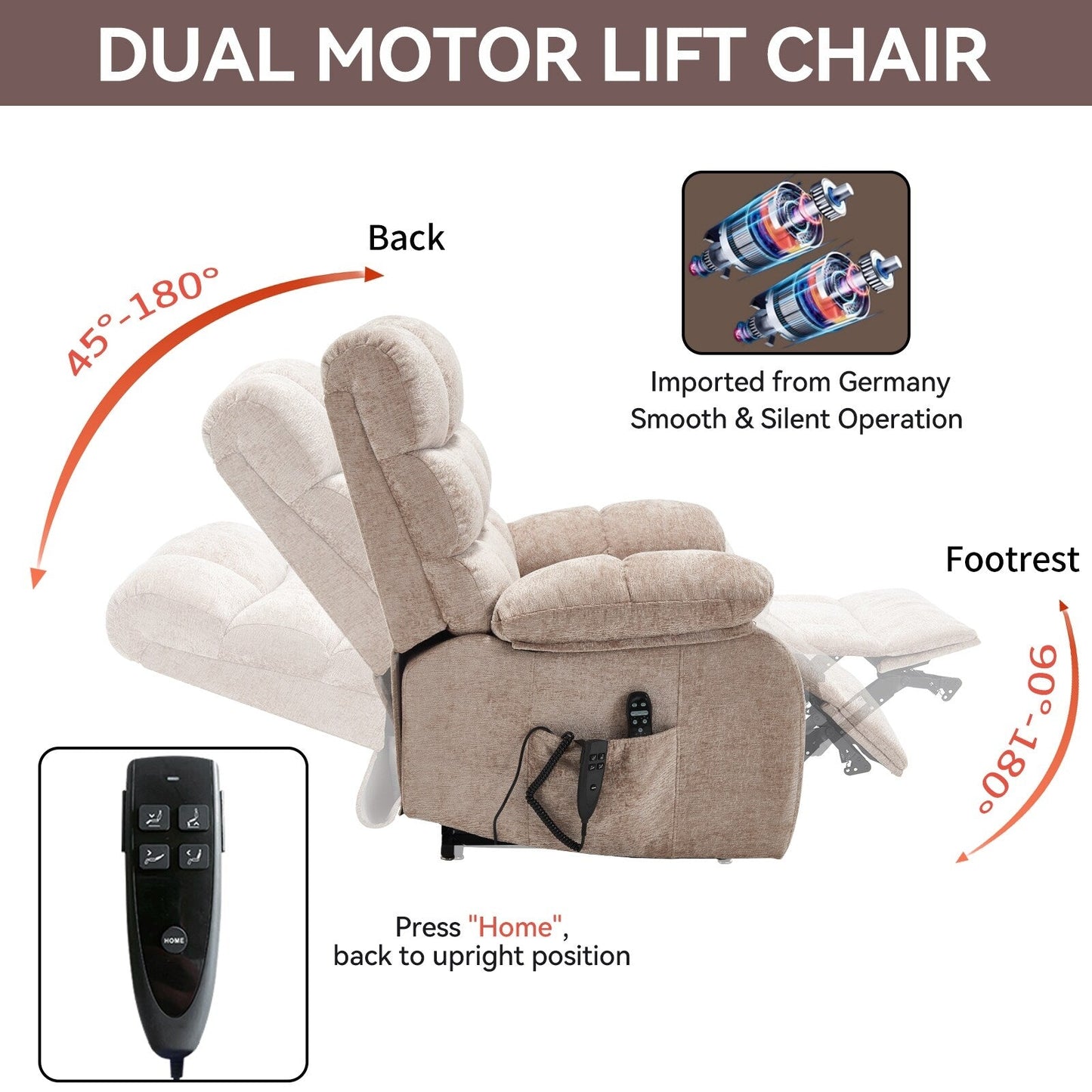 Poltrona reclinabile elettrica Chenille Dual Motor Infinite Position, poltrona reclinabile oversize con massaggio termico e telecomando elettrico
