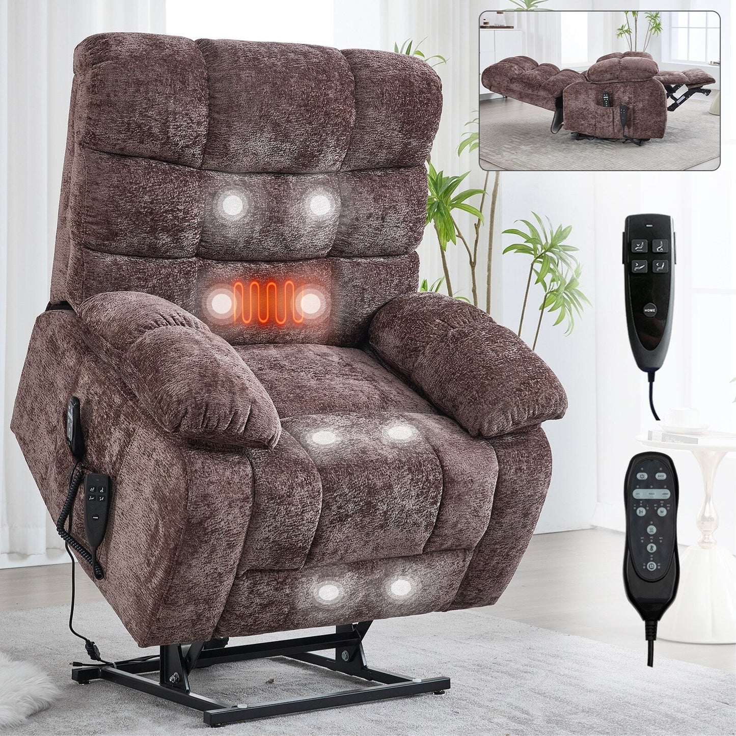 Poltrona reclinabile elettrica Chenille Dual Motor Infinite Position, poltrona reclinabile oversize con massaggio termico e telecomando elettrico