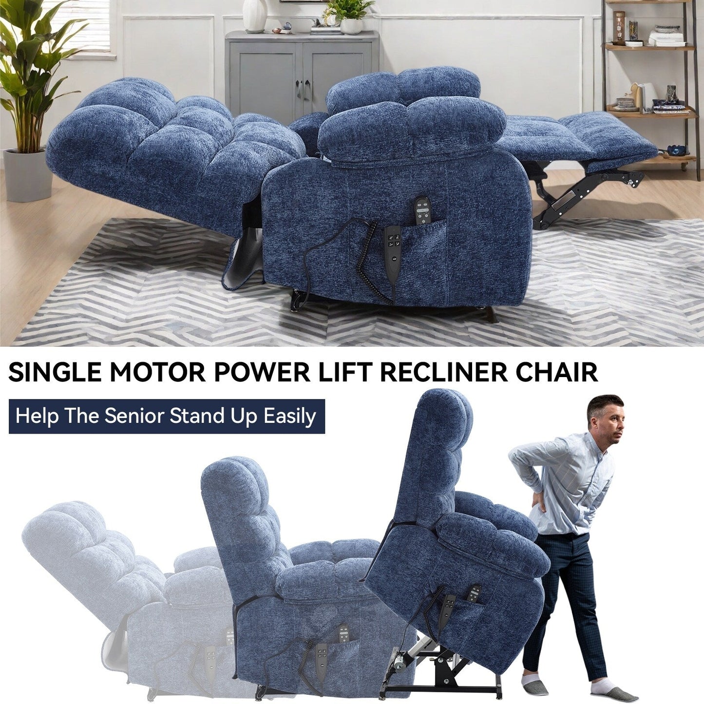 Poltrona reclinabile elettrica Chenille Dual Motor Infinite Position, poltrona reclinabile oversize con massaggio termico e telecomando elettrico
