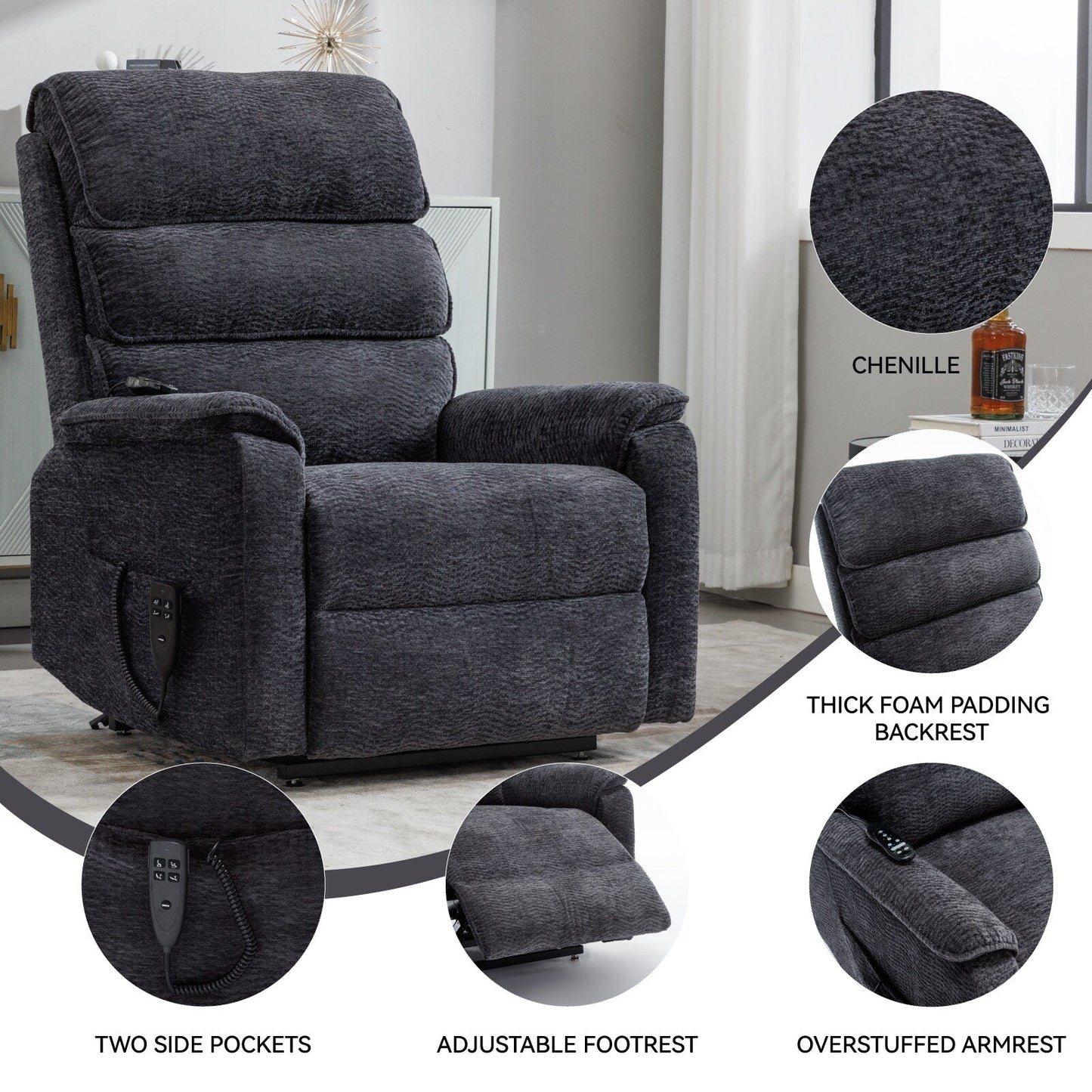 Poltrona reclinabile Chenille Dual Motor Infinite Power Lift con telecomando, massaggio termico e meccanismo di movimento per impieghi gravosi