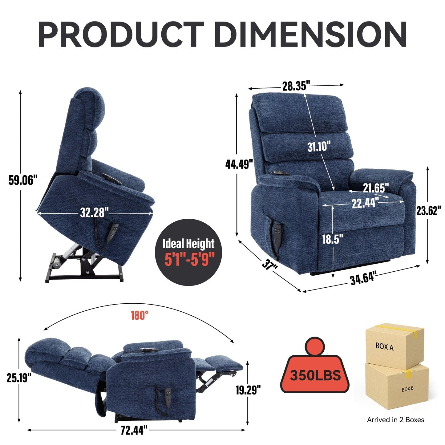 Poltrona reclinabile Chenille Dual Motor Infinite Power Lift con telecomando, massaggio termico e meccanismo di movimento per impieghi gravosi