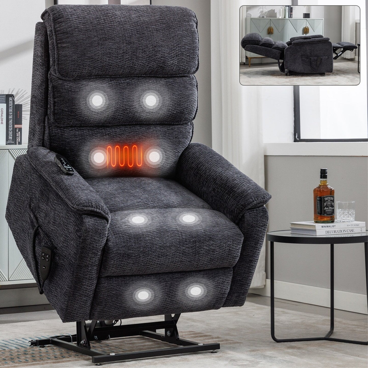 Poltrona reclinabile Chenille Dual Motor Infinite Power Lift con telecomando, massaggio termico e meccanismo di movimento per impieghi gravosi
