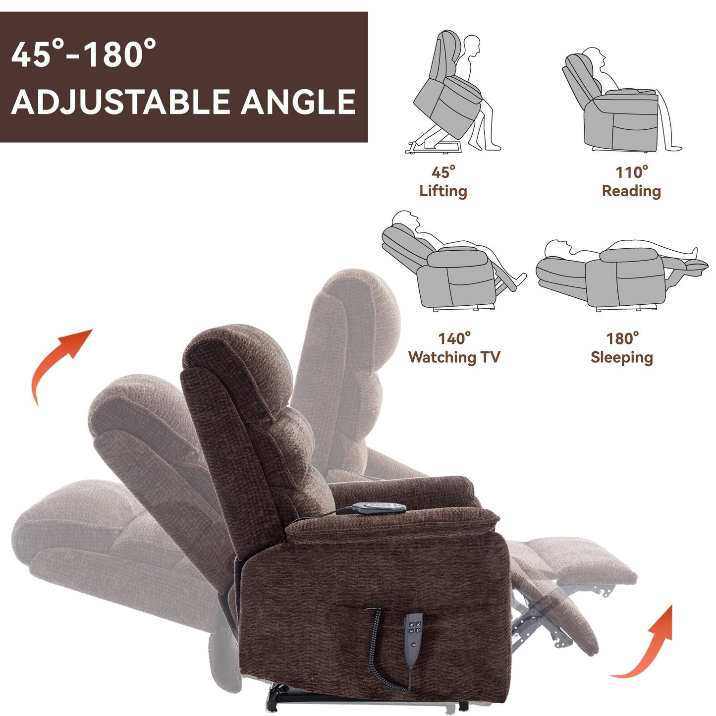 Poltrona reclinabile Chenille Dual Motor Infinite Power Lift con telecomando, massaggio termico e meccanismo di movimento per impieghi gravosi