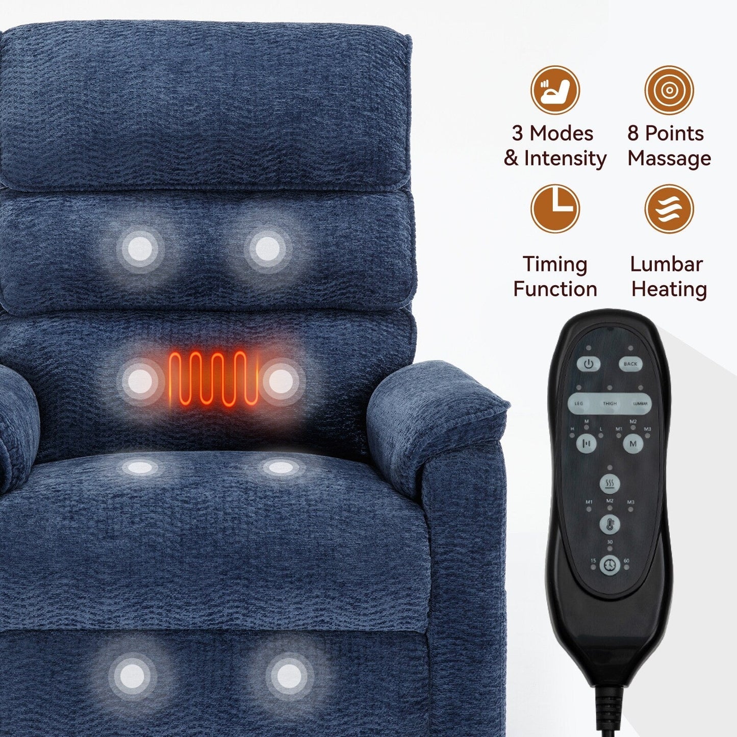 Poltrona reclinabile Chenille Dual Motor Infinite Power Lift con telecomando, massaggio termico e meccanismo di movimento per impieghi gravosi