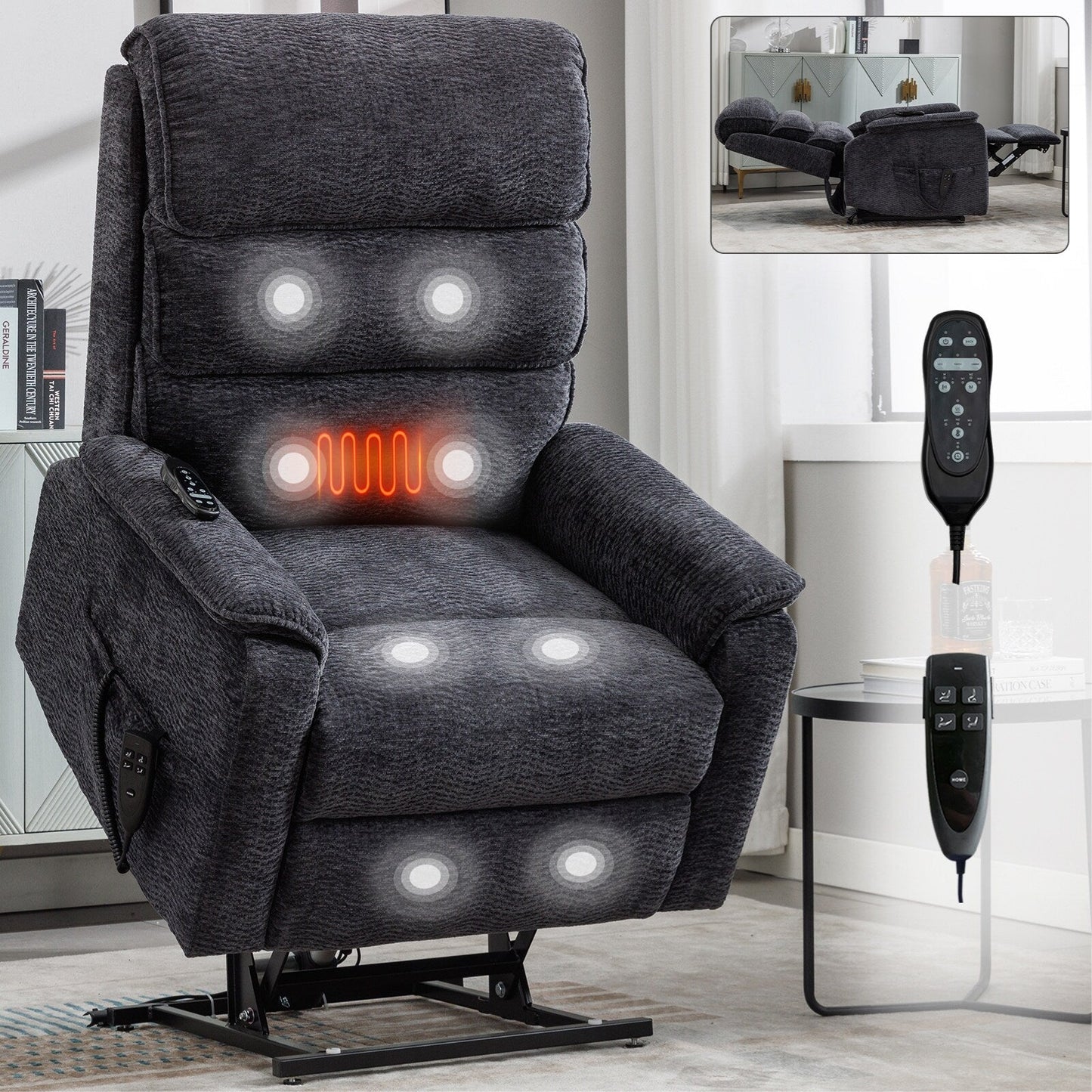 Poltrona reclinabile Chenille Dual Motor Infinite Power Lift con telecomando, massaggio termico e meccanismo di movimento per impieghi gravosi