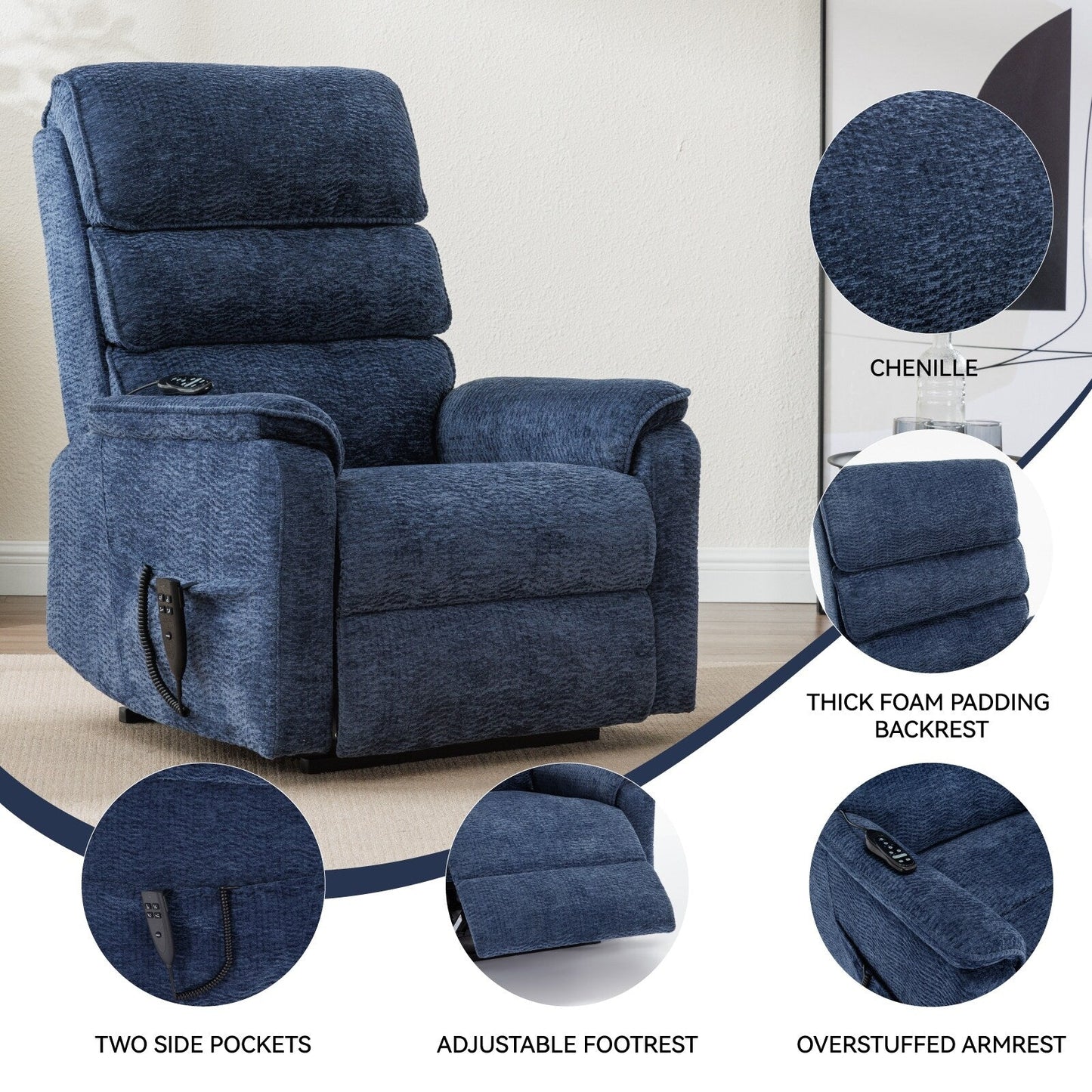 Poltrona reclinabile Chenille Dual Motor Infinite Power Lift con telecomando, massaggio termico e meccanismo di movimento per impieghi gravosi