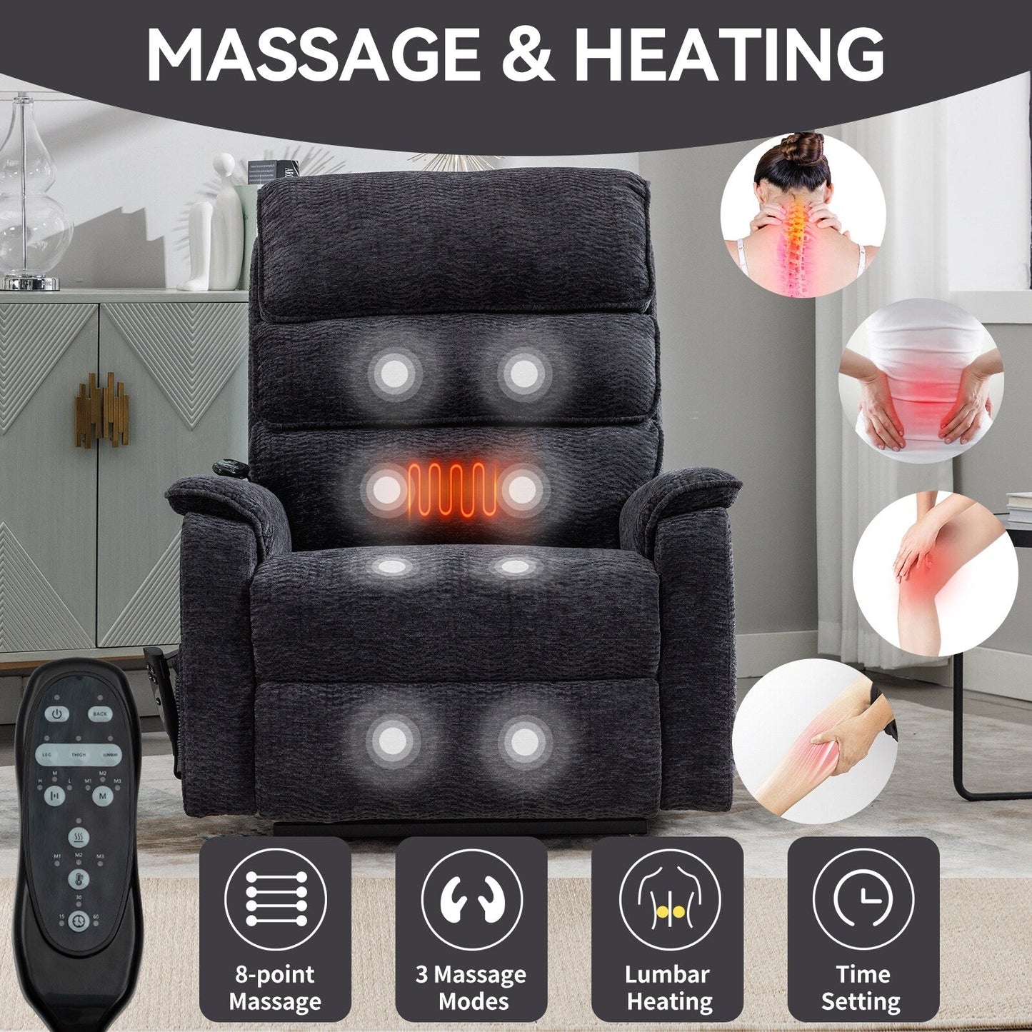 Poltrona reclinabile Chenille Dual Motor Infinite Power Lift con telecomando, massaggio termico e meccanismo di movimento per impieghi gravosi