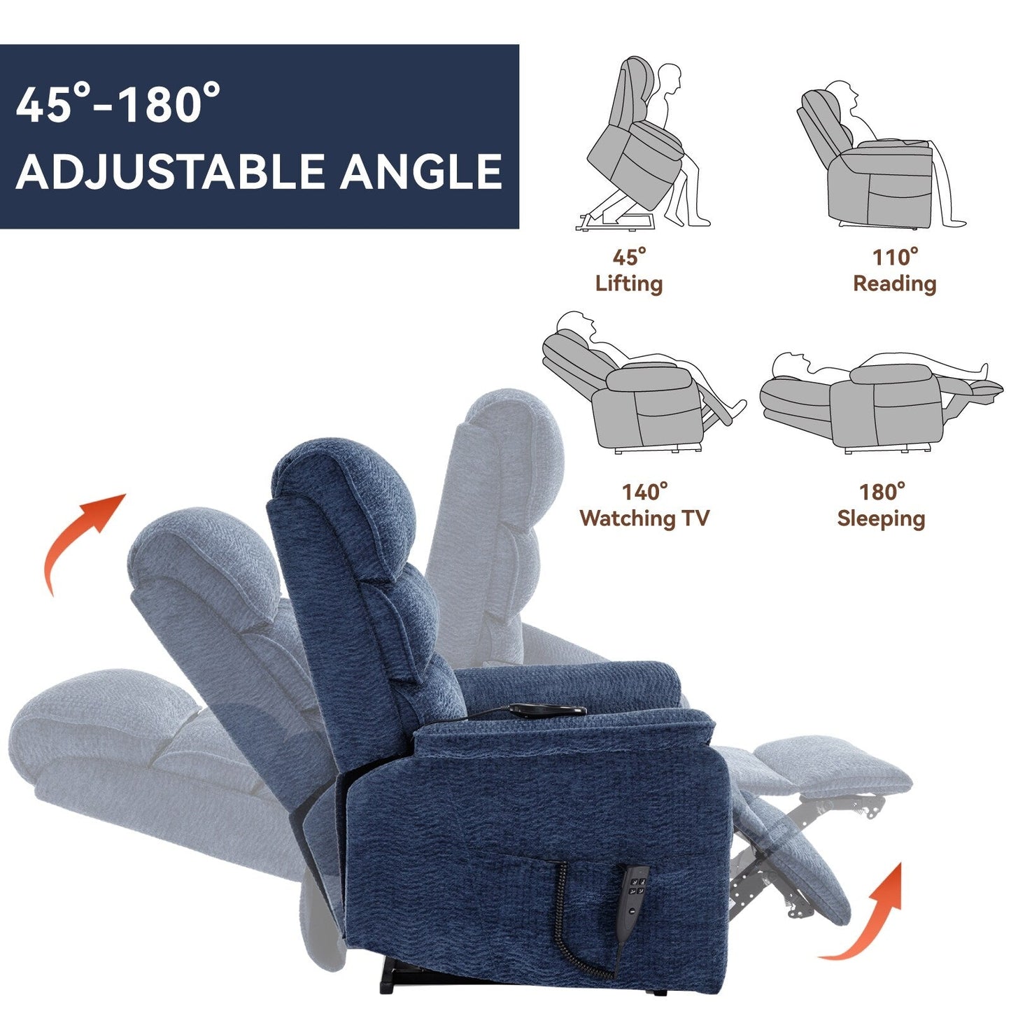 Poltrona reclinabile Chenille Dual Motor Infinite Power Lift con telecomando, massaggio termico e meccanismo di movimento per impieghi gravosi