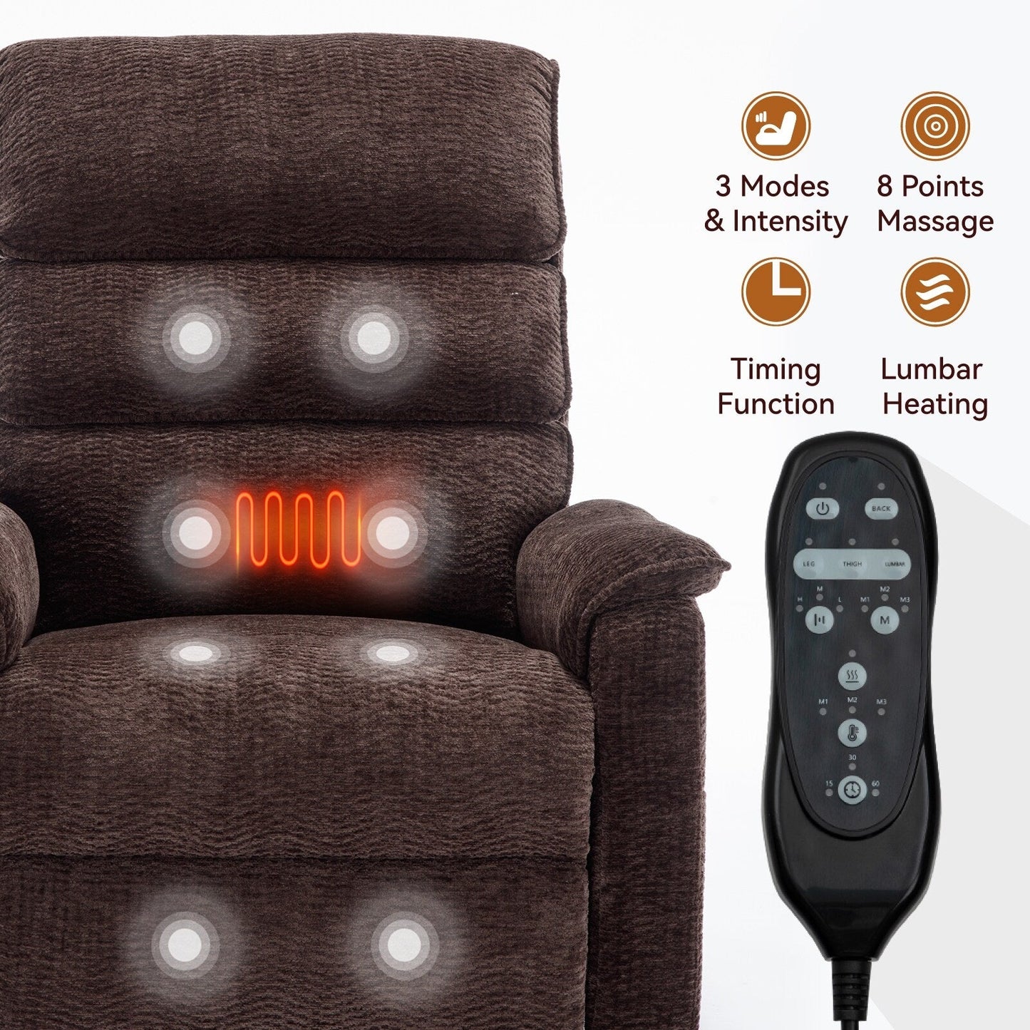 Poltrona reclinabile Chenille Dual Motor Infinite Power Lift con telecomando, massaggio termico e meccanismo di movimento per impieghi gravosi