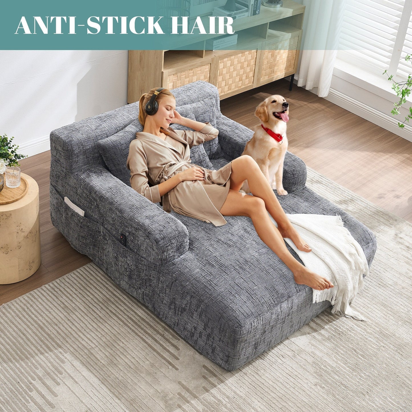 Divano letto Chenille Lazy Sofa con cuscini - Poltrona trasformabile con braccioli, divano letto multiposizione per soggiorno