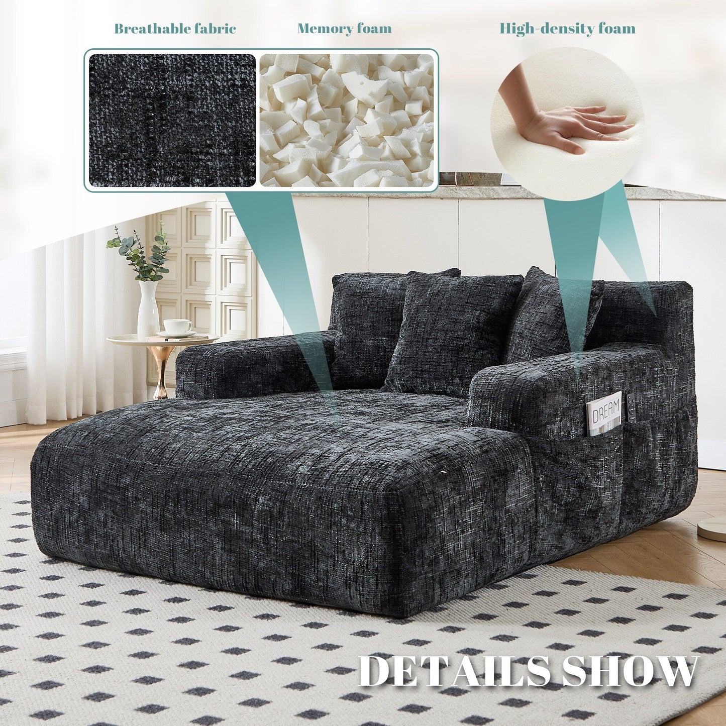 Divano letto Chenille Lazy Sofa con cuscini - Poltrona trasformabile con braccioli, divano letto multiposizione per soggiorno