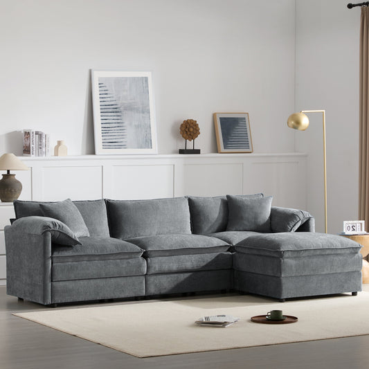 Divano componibile modulare in ciniglia con seduta profonda e ampia, divano a forma di L con doppi cuscini, divano con pouf mobile