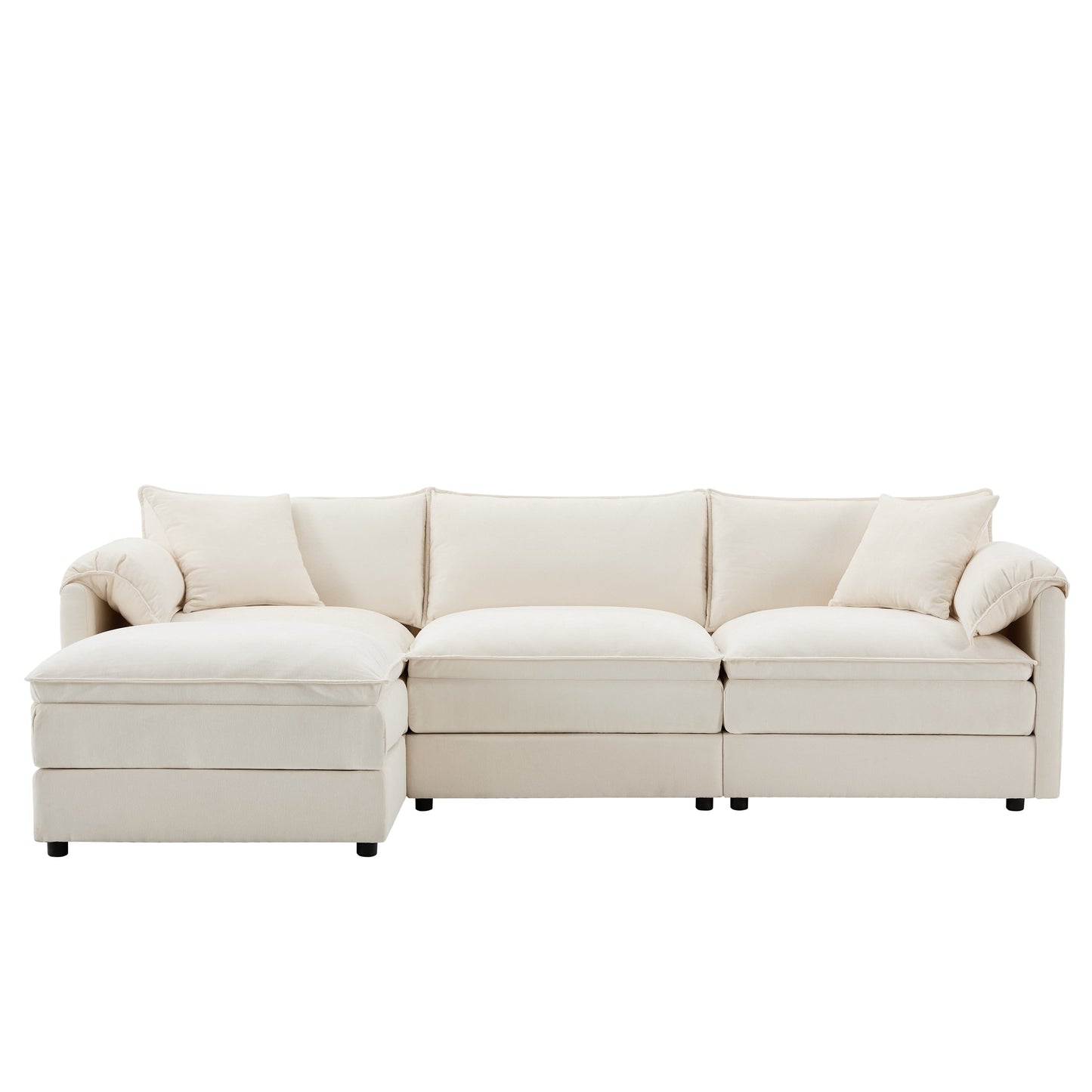 Divano componibile modulare in ciniglia con seduta profonda e ampia, divano a forma di L con doppi cuscini, divano con pouf mobile
