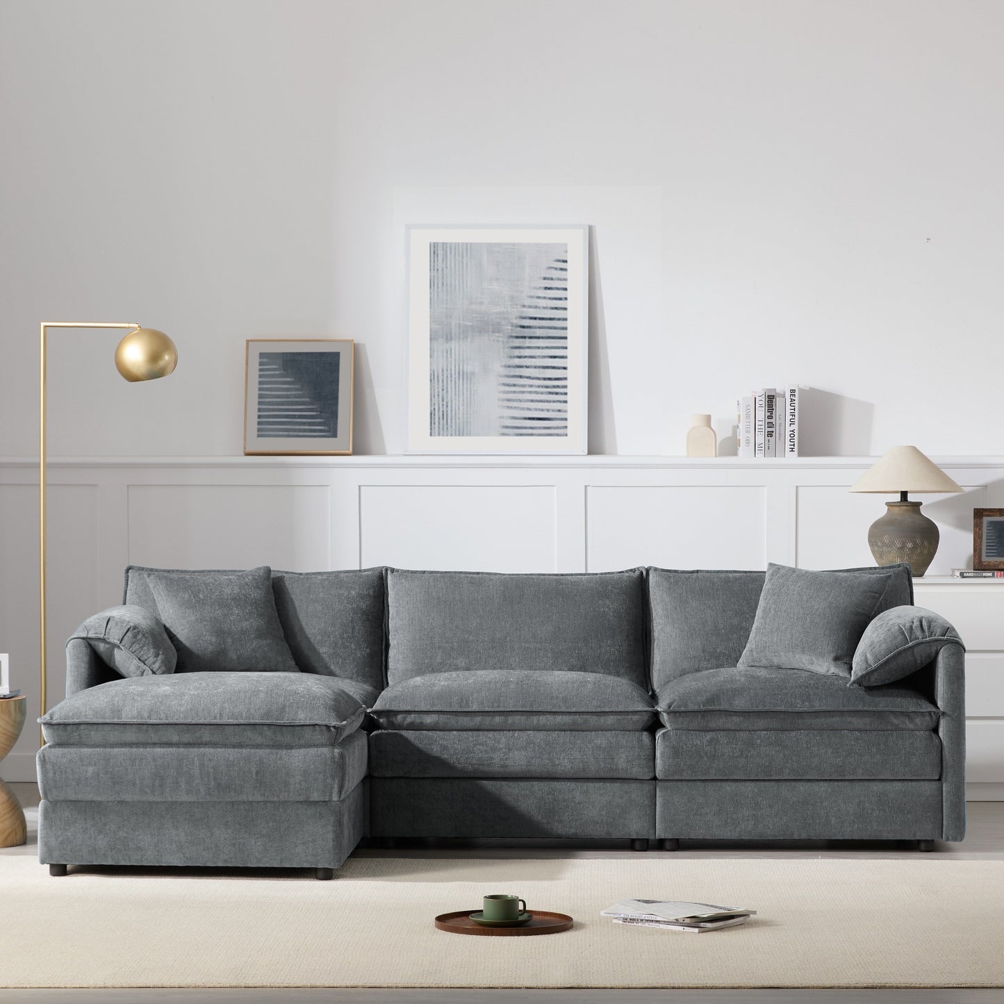 Divano componibile modulare in ciniglia con seduta profonda e ampia, divano a forma di L con doppi cuscini, divano con pouf mobile