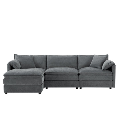 Divano componibile modulare in ciniglia con seduta profonda e ampia, divano a forma di L con doppi cuscini, divano con pouf mobile