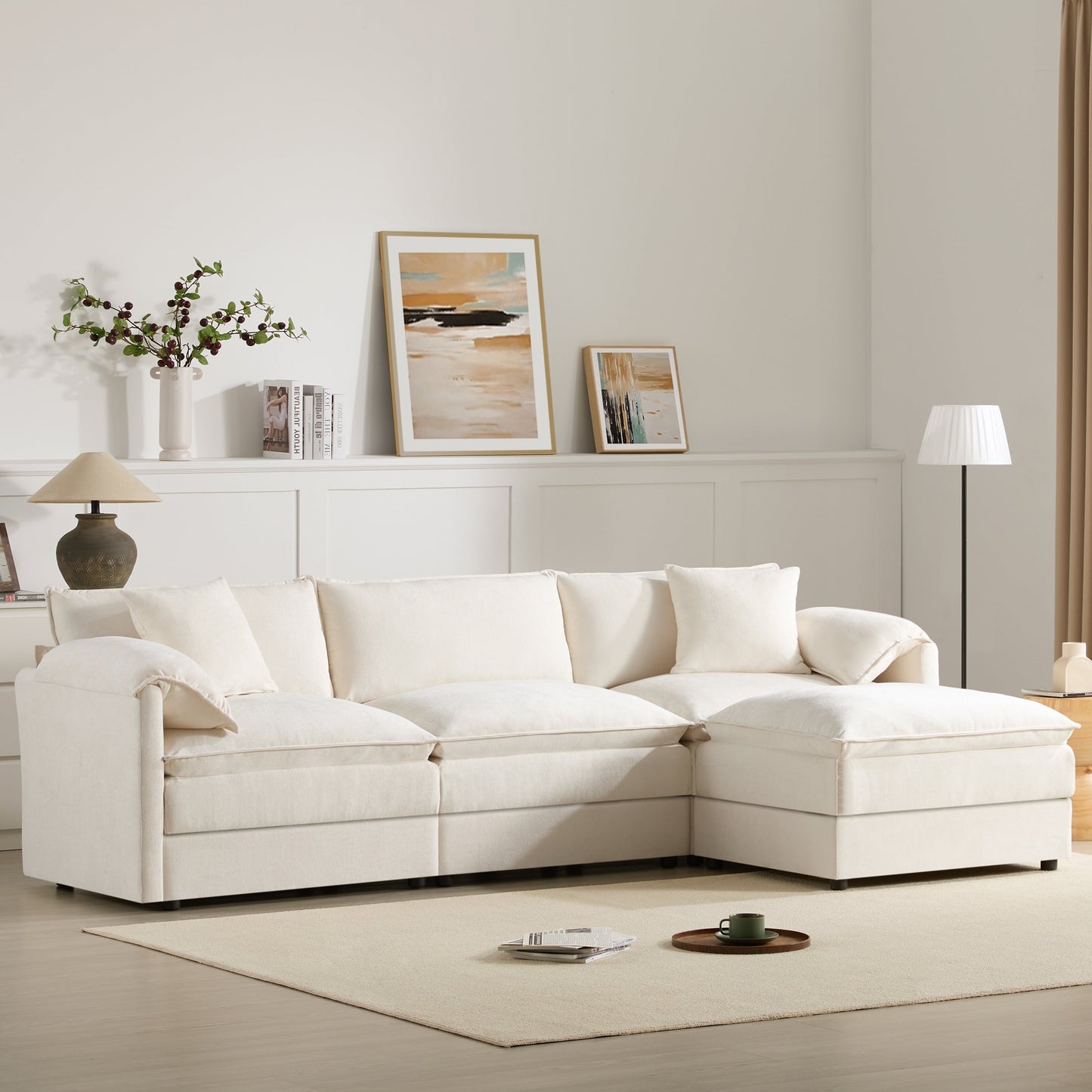Divano componibile modulare in ciniglia con seduta profonda e ampia, divano a forma di L con doppi cuscini, divano con pouf mobile