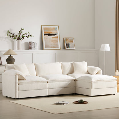 Divano componibile modulare in ciniglia con seduta profonda e ampia, divano a forma di L con doppi cuscini, divano con pouf mobile