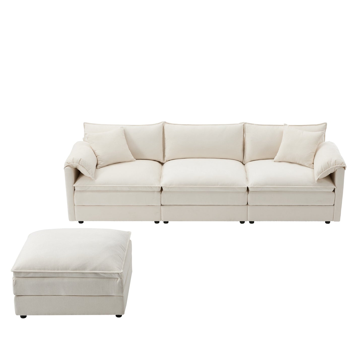 Divano componibile modulare in ciniglia con seduta profonda e ampia, divano a forma di L con doppi cuscini, divano con pouf mobile