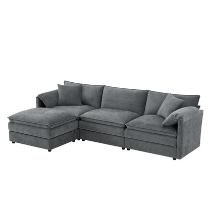 Divano componibile modulare in ciniglia con seduta profonda e ampia, divano a forma di L con doppi cuscini, divano con pouf mobile