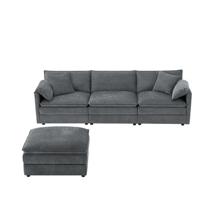 Divano componibile modulare in ciniglia con seduta profonda e ampia, divano a forma di L con doppi cuscini, divano con pouf mobile