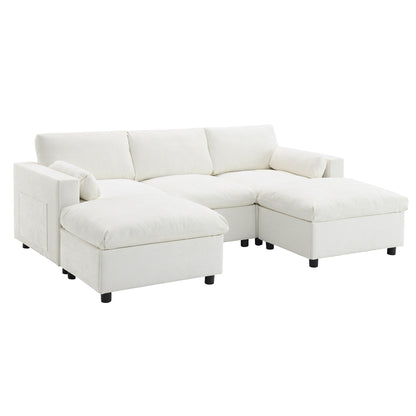 Divano componibile modulare in ciniglia con tasche portaoggetti, divano a U da 5 posti con cuscini, divano Cloud con 2 pouf mobili