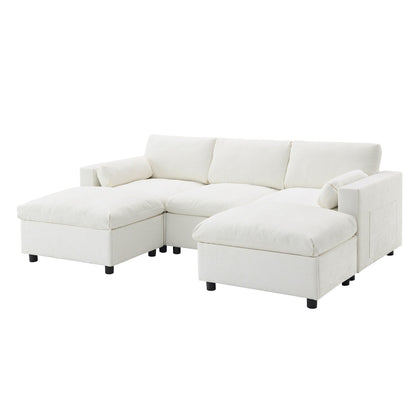 Divano componibile modulare in ciniglia con tasche portaoggetti, divano a U da 5 posti con cuscini, divano Cloud con 2 pouf mobili