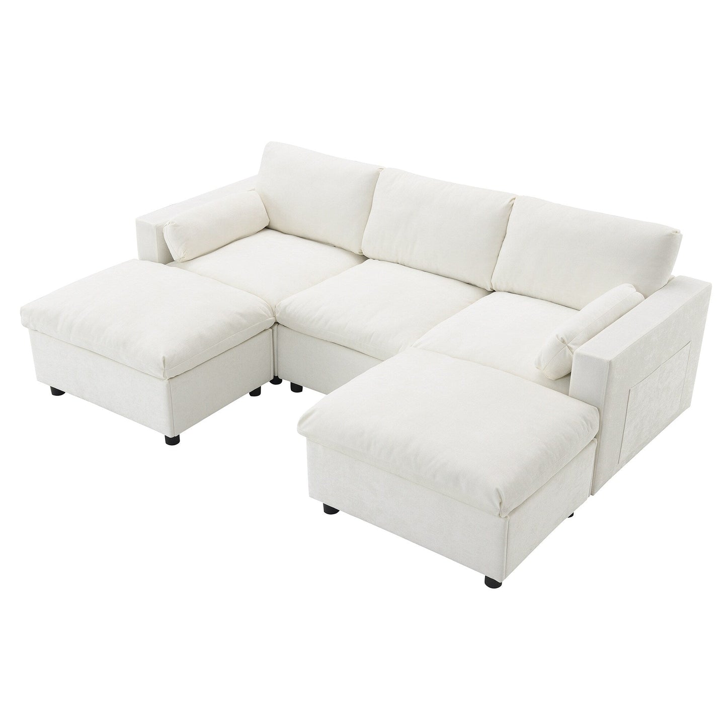 Divano componibile modulare in ciniglia con tasche portaoggetti, divano a U da 5 posti con cuscini, divano Cloud con 2 pouf mobili