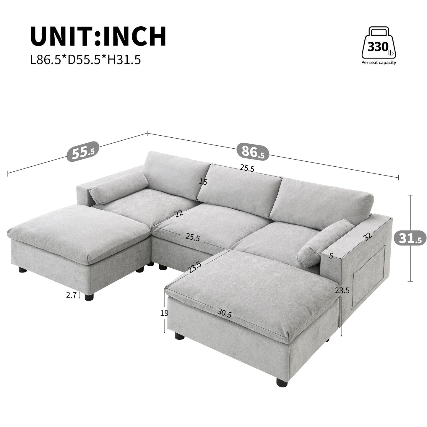 Divano componibile modulare in ciniglia con tasche portaoggetti, divano a U da 5 posti con cuscini, divano Cloud con 2 pouf mobili