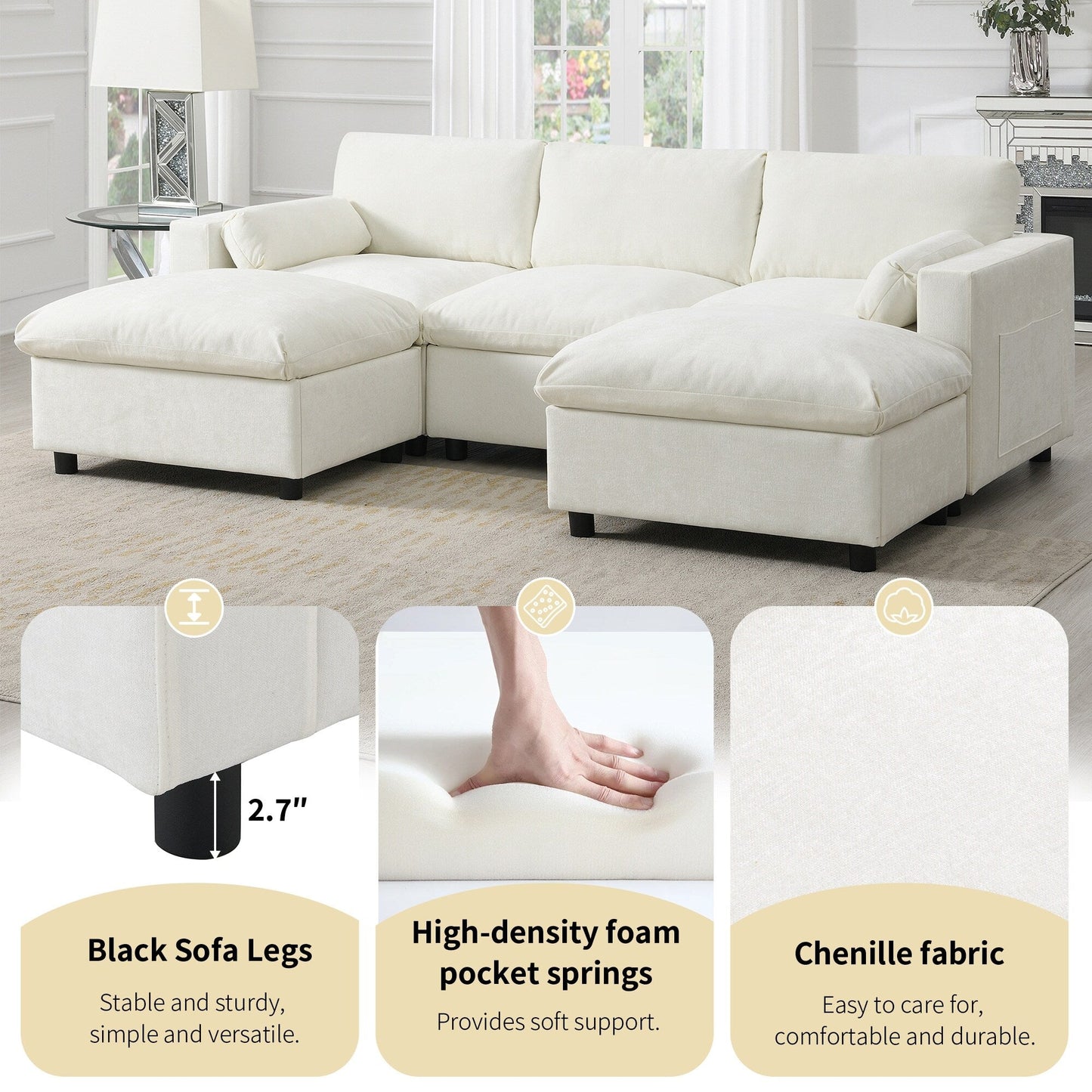 Divano componibile modulare in ciniglia con tasche portaoggetti, divano a U da 5 posti con cuscini, divano Cloud con 2 pouf mobili