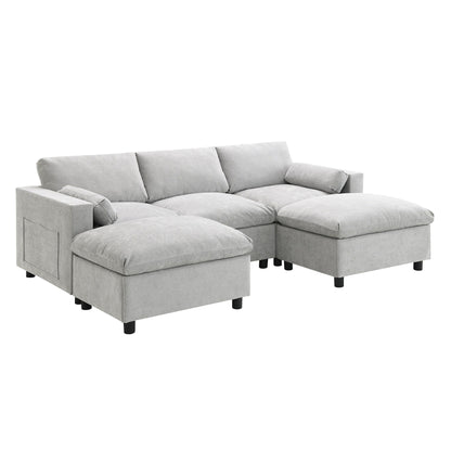 Divano componibile modulare in ciniglia con tasche portaoggetti, divano a U da 5 posti con cuscini, divano Cloud con 2 pouf mobili