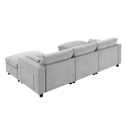 Divano componibile modulare in ciniglia con tasche portaoggetti, divano a U da 5 posti con cuscini, divano Cloud con 2 pouf mobili