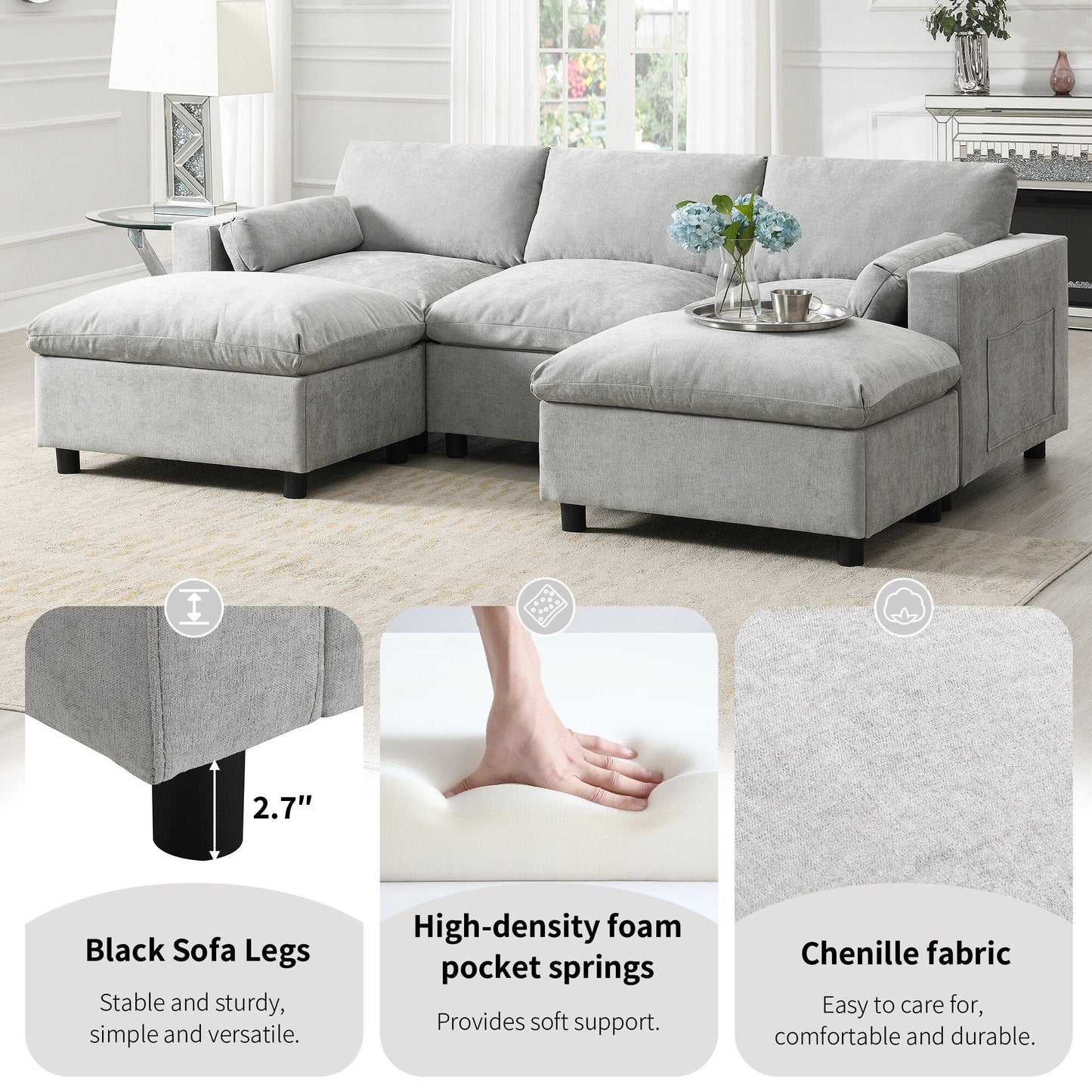 Divano componibile modulare in ciniglia con tasche portaoggetti, divano a U da 5 posti con cuscini, divano Cloud con 2 pouf mobili