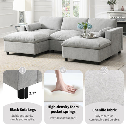 Divano componibile modulare in ciniglia con tasche portaoggetti, divano a U da 5 posti con cuscini, divano Cloud con 2 pouf mobili