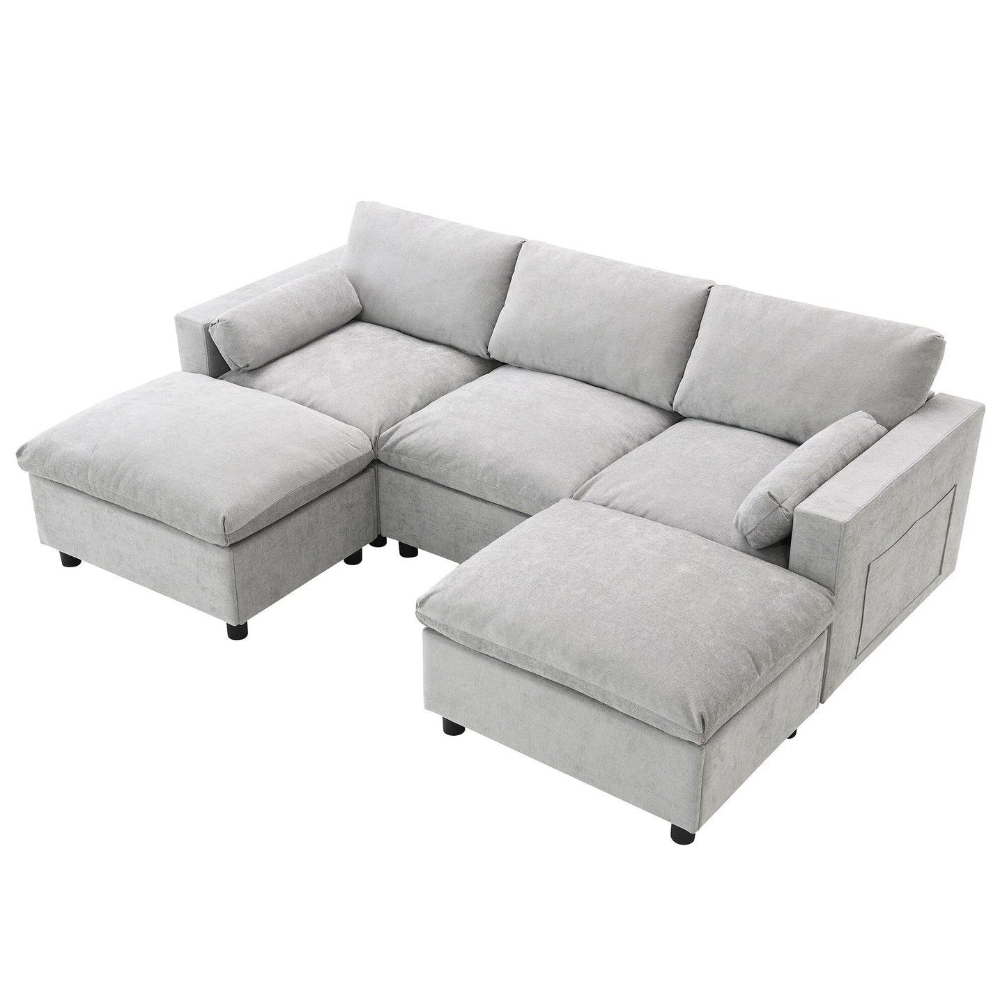 Divano componibile modulare in ciniglia con tasche portaoggetti, divano a U da 5 posti con cuscini, divano Cloud con 2 pouf mobili