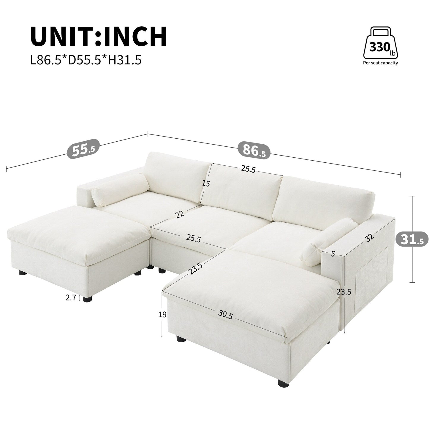 Divano componibile modulare in ciniglia con tasche portaoggetti, divano a U da 5 posti con cuscini, divano Cloud con 2 pouf mobili