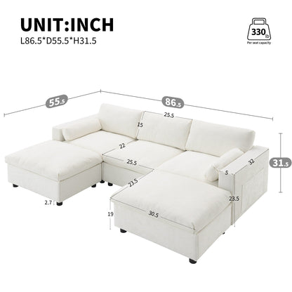 Divano componibile modulare in ciniglia con tasche portaoggetti, divano a U da 5 posti con cuscini, divano Cloud con 2 pouf mobili