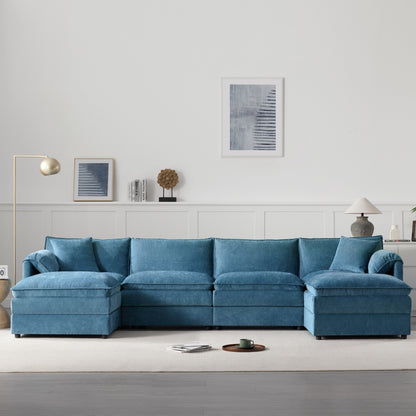 Divano componibile modulare in ciniglia, divano a forma di U con doppi cuscini, divano a 6 posti con pouf mobili