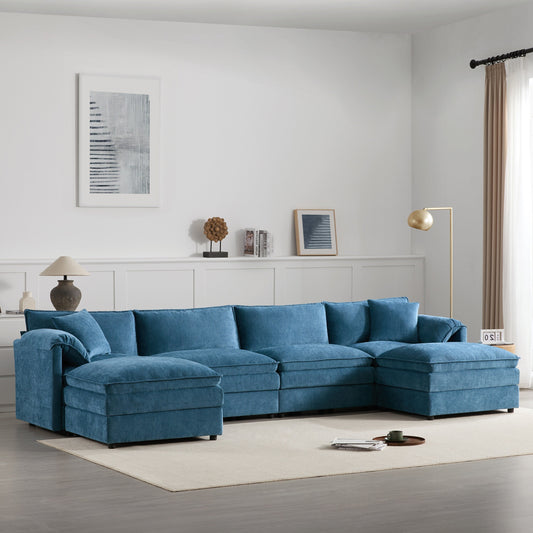 Divano componibile modulare in ciniglia, divano a forma di U con doppi cuscini, divano a 6 posti con pouf mobili