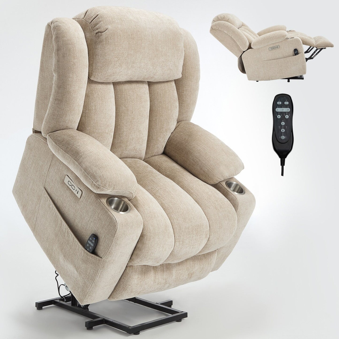 Poltrona massaggiante con reclinabile elettrica Chenille a 8 punti, con riscaldamento della vita, porte USB e portabicchieri in acciaio inossidabile