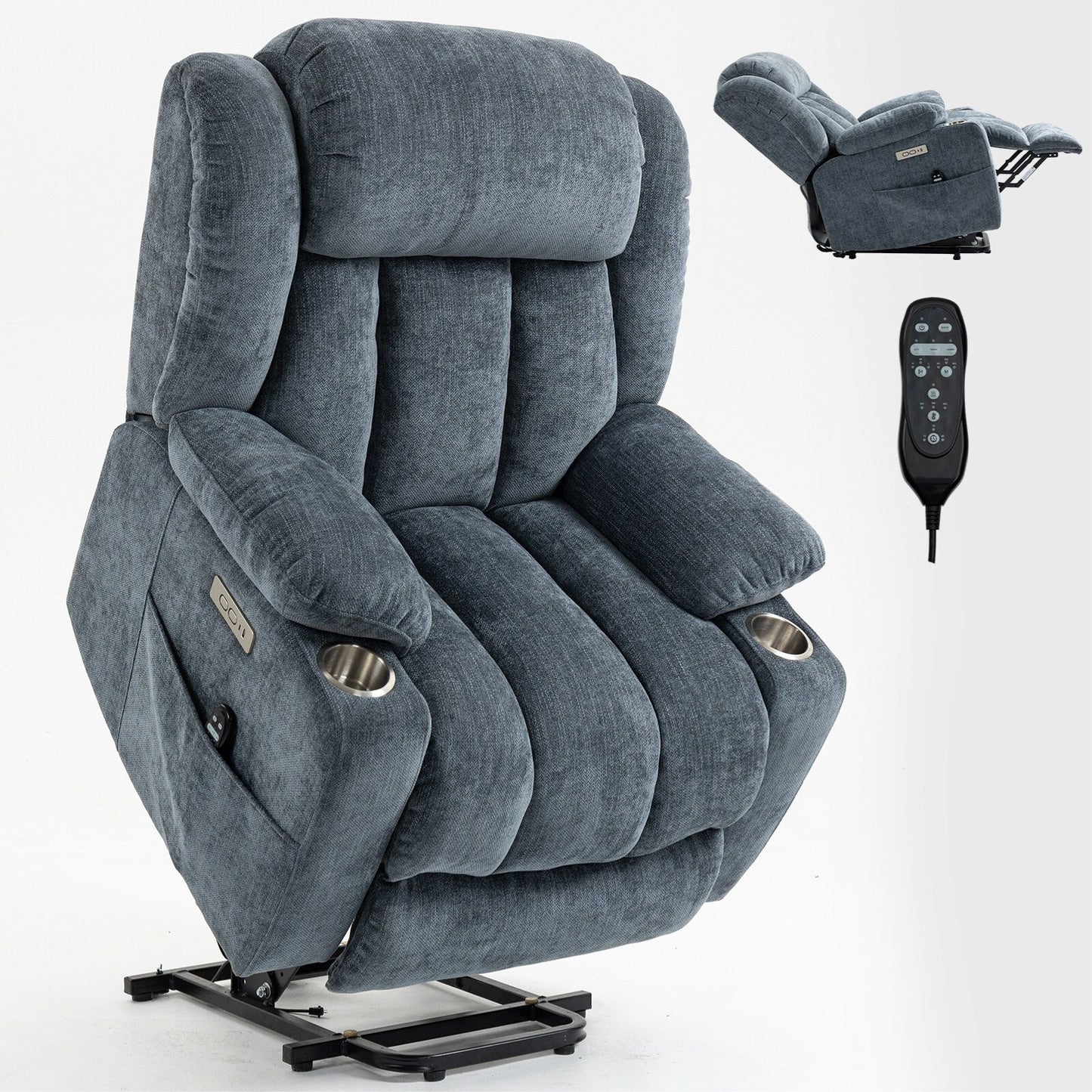 Poltrona massaggiante con reclinabile elettrica Chenille a 8 punti, con riscaldamento della vita, porte USB e portabicchieri in acciaio inossidabile