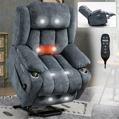 Poltrona massaggiante con reclinabile elettrica Chenille a 8 punti, con riscaldamento della vita, porte USB e portabicchieri in acciaio inossidabile