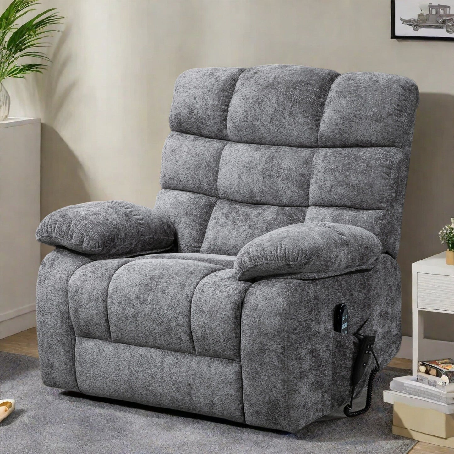 Poltrona reclinabile elettrica Chenille per persone alte e grandi con massaggio, riscaldamento, doppi motori e reclinazione a 180°