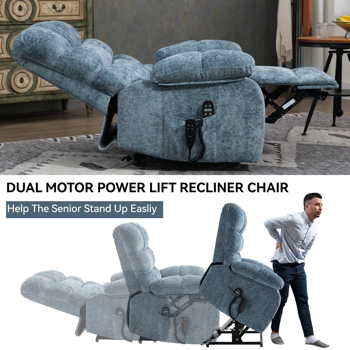 Poltrona reclinabile elettrica Chenille per persone alte e grandi con massaggio, riscaldamento, doppi motori e reclinazione a 180°