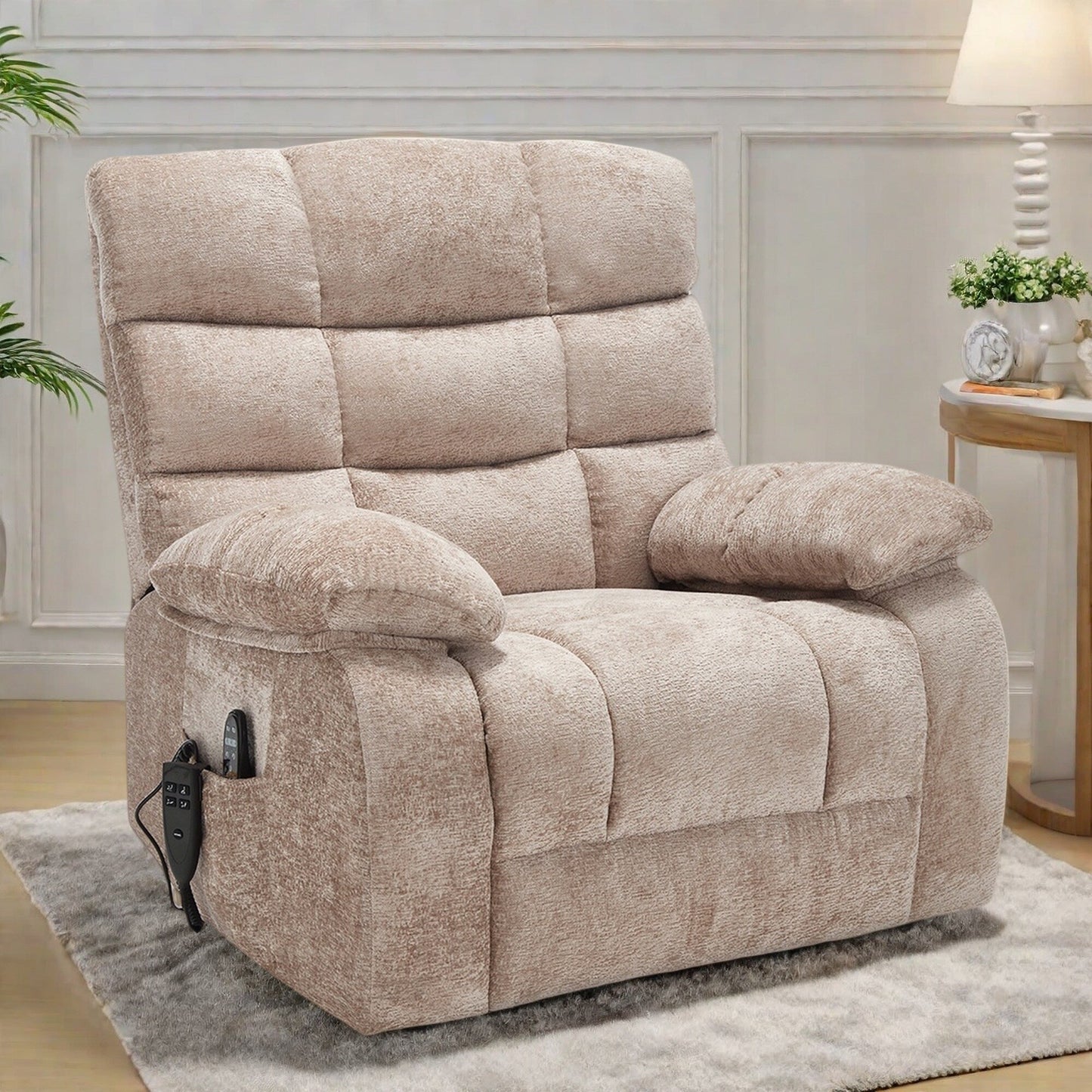 Poltrona reclinabile elettrica Chenille per persone alte e grandi con massaggio, riscaldamento, doppi motori e reclinazione a 180°