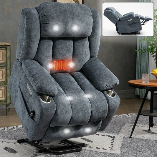 Poltrona reclinabile elettrica Chenille con massaggio, riscaldamento, USB, tipo C, portabicchieri