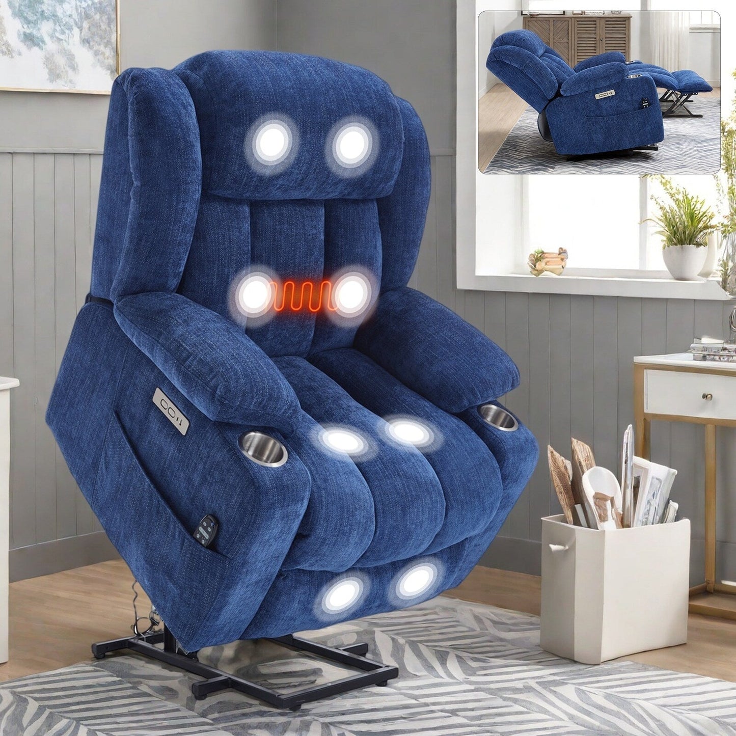 Poltrona reclinabile elettrica Chenille con massaggio, riscaldamento, USB, tipo C, portabicchieri