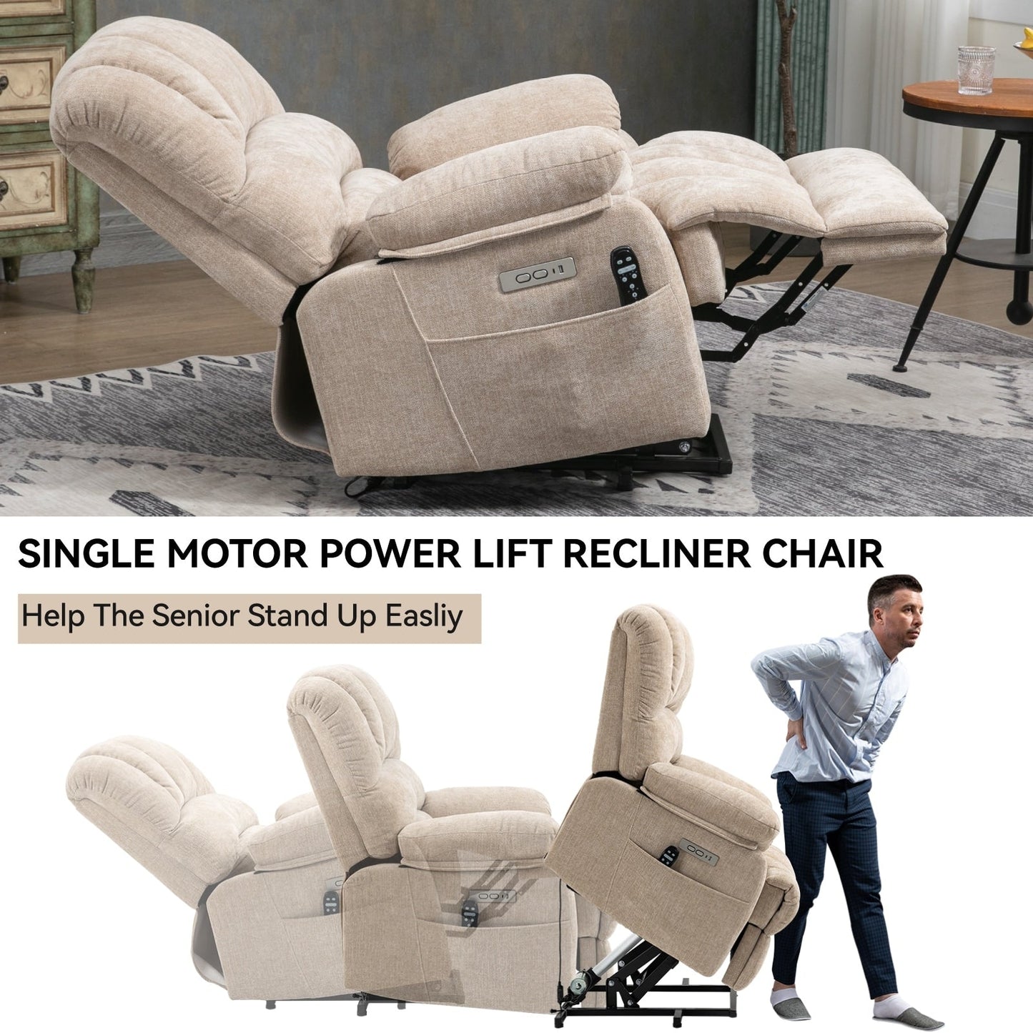 Poltrona reclinabile elettrica Chenille con massaggio termico, USB, reclinazione massima di 155°