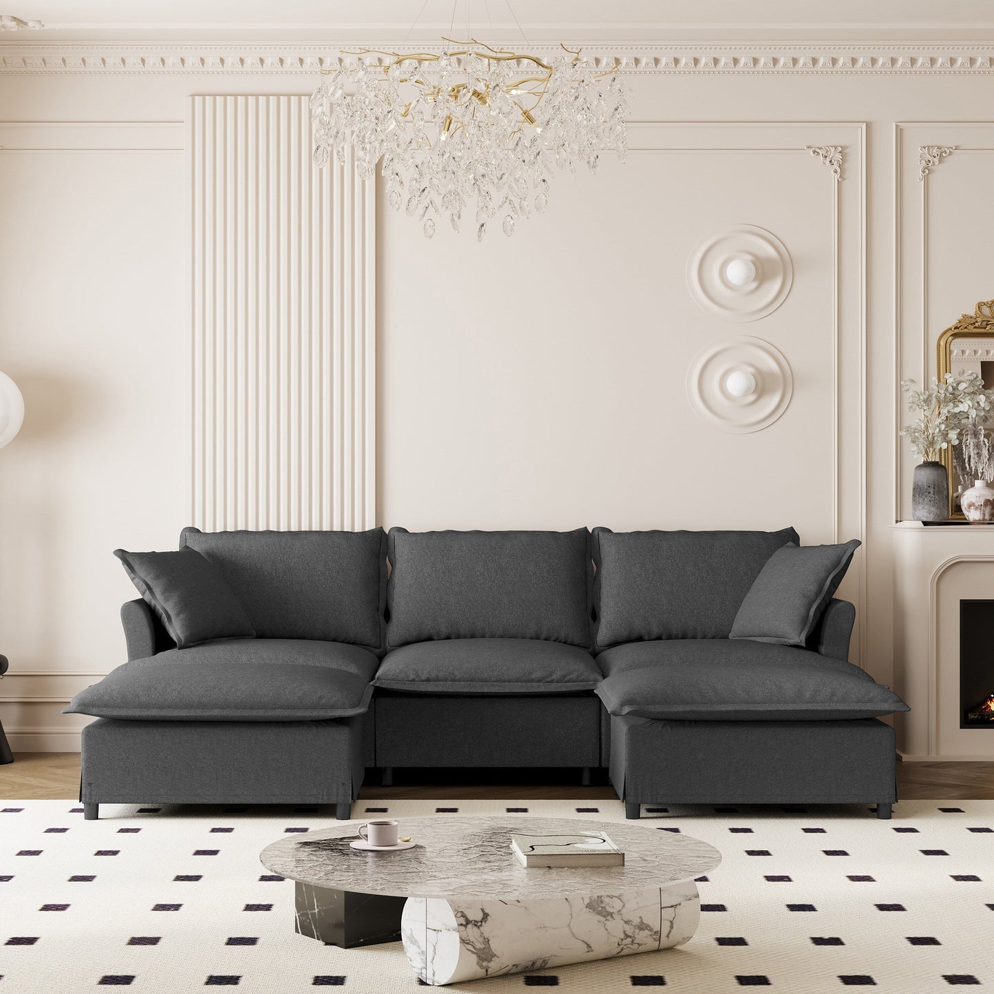Divano componibile in ciniglia con pouf, divano letto a forma di U con cuscini, combinazione libera, divano modulare imbottito a 5 posti